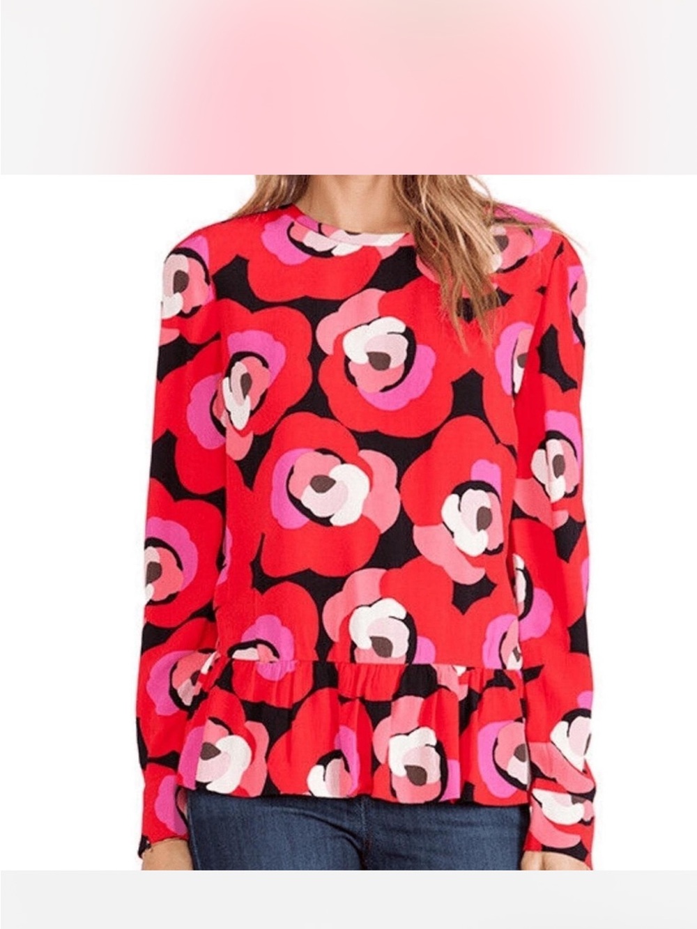 Kate Spade New York Deco Rose Peplum Top Size 2 Red Pink Floral Long Sleeve